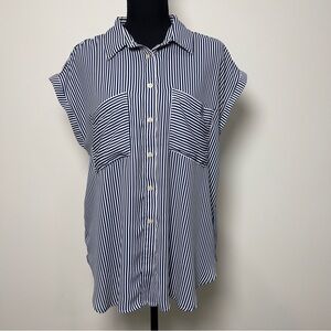 LOFT Navy and White Vertical Stripe Button-Front Cap Sleeve Shirt Womens Large